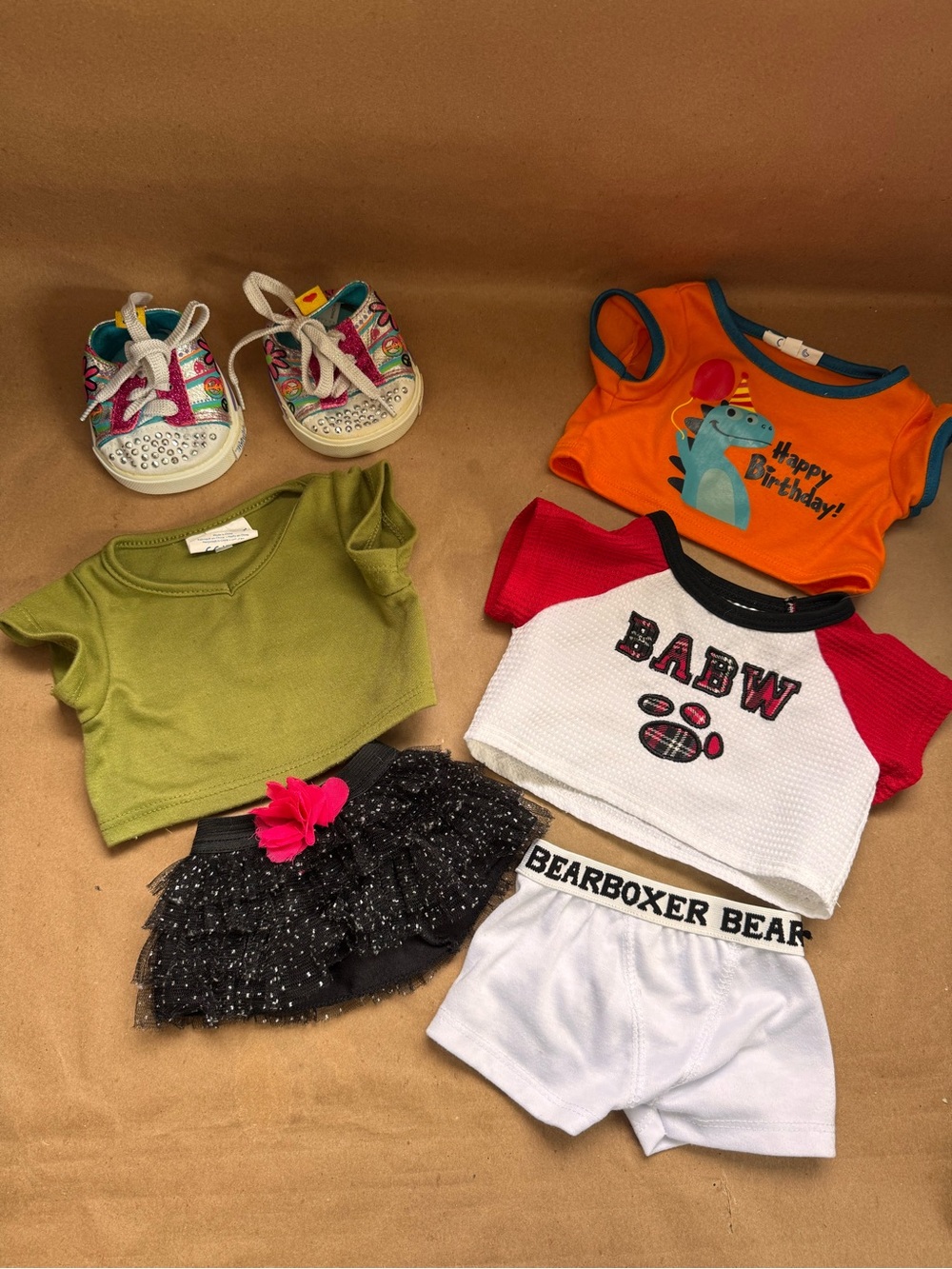 Assorted Build-A-Bear Clothes and Sketchers Sneakers